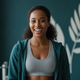 A happy woman in workout clothes smiling, representing a satisfied customer.