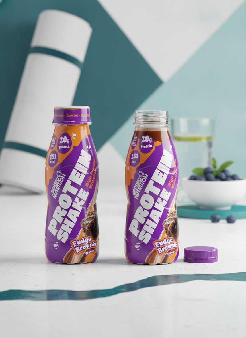 Two Applied Nutrition Protein Shakes, one open and one closed, on a clean surface with a deep teal and white background.